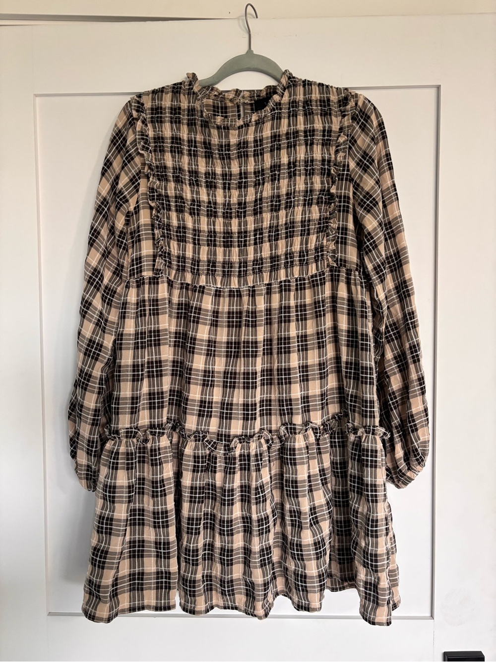 Lumiere Beige and Black Plaid Long-Sleeve Smocked Yoke Dress